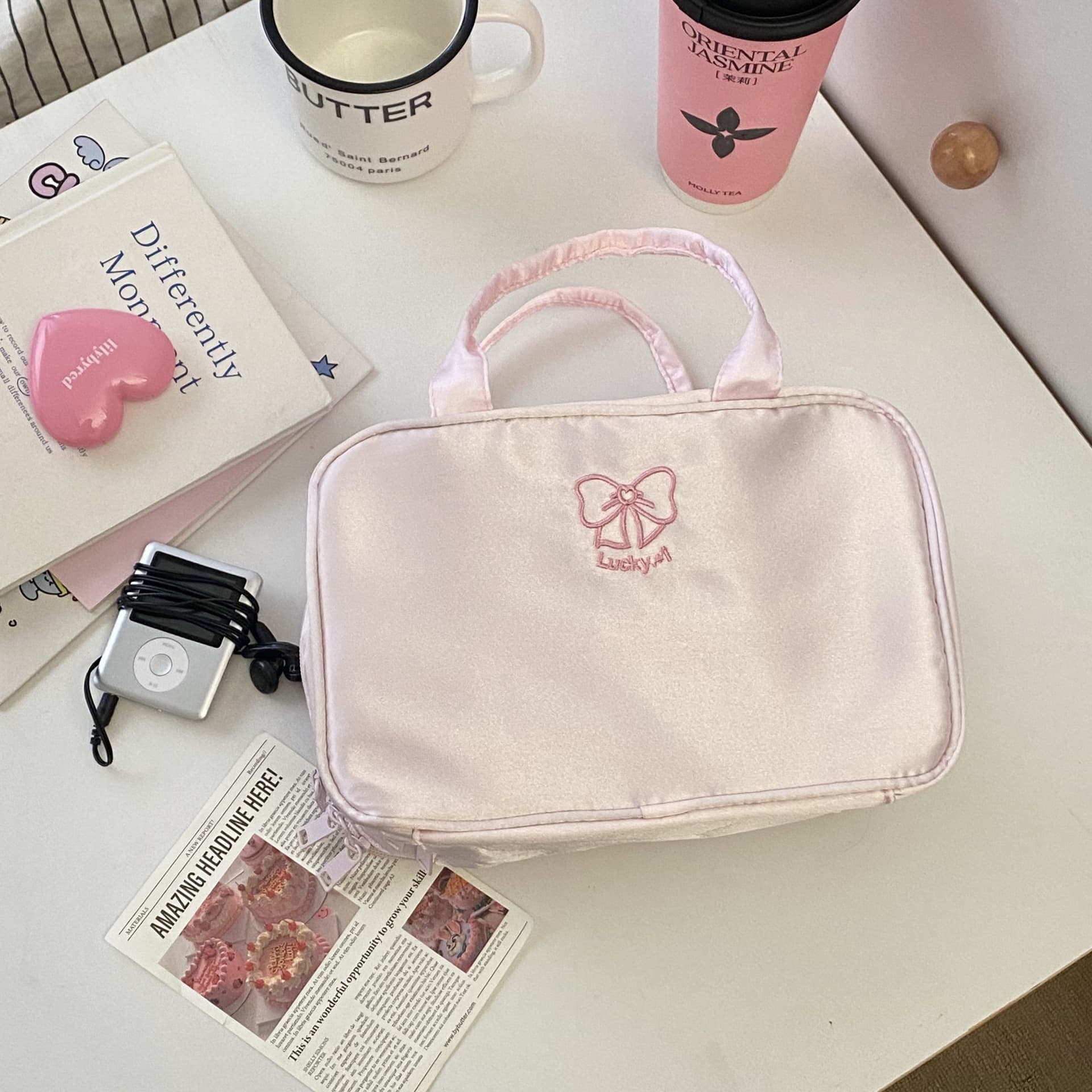 [Duck] Three-Layer Portable Handheld Makeup Bag Plaid Denim Large Capacity Travel Makeup Bag Organizer