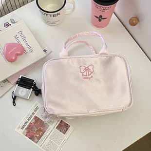[Duck] Three-Layer Portable Handheld Makeup Bag Plaid Denim Large Capacity Travel Makeup Bag Organizer
