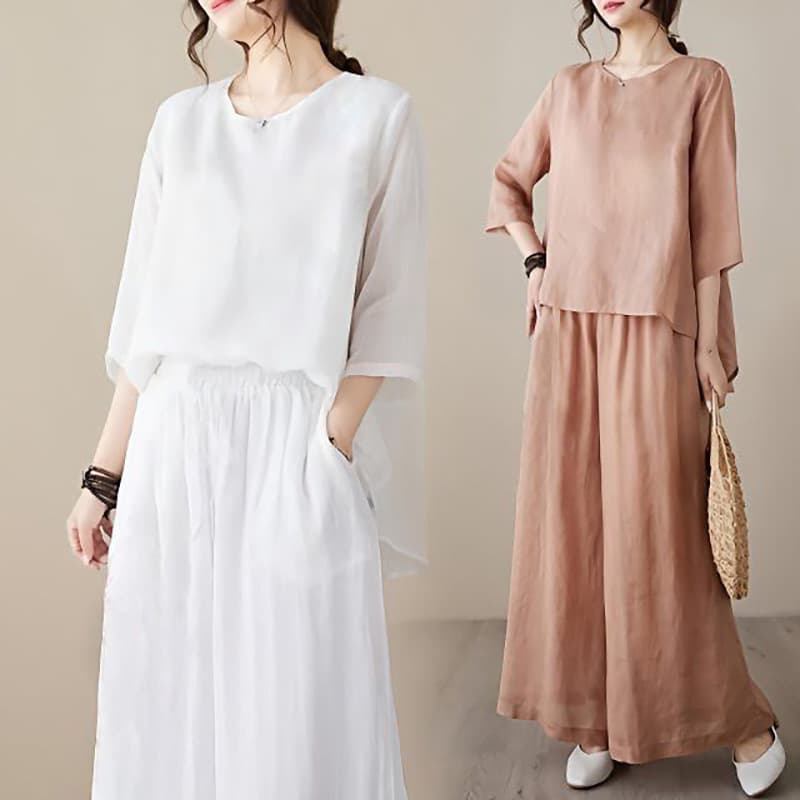 Cotton Linen Artistic Retro Three-Quarter Sleeve Top and Long Pants Two-Piece Fashion Set Summer New Trendy Versatile Embroidered Women's Clothing