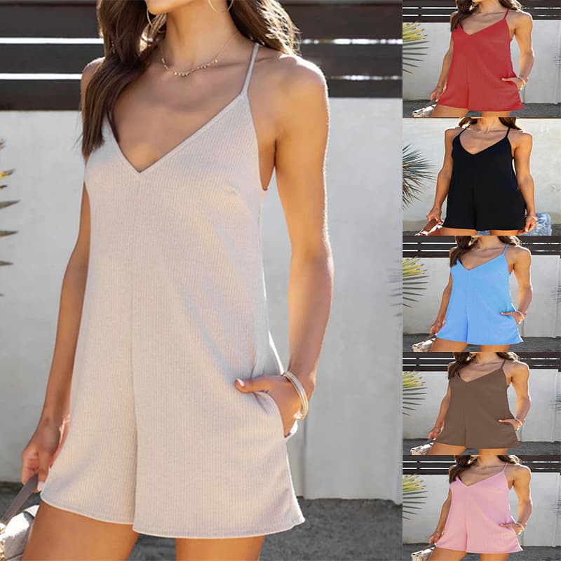 2025 Independent Station Temu European and American Cross-Border Summer New Sling Adjustable Flap Pocket Pants Casual Loose Jumpsuit Shorts