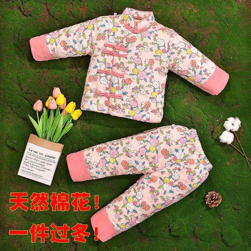 Children's Handmade Cotton Padded Coat and Pants Set, Baby and Toddler Winter Thick Outwear for Boys and Girls