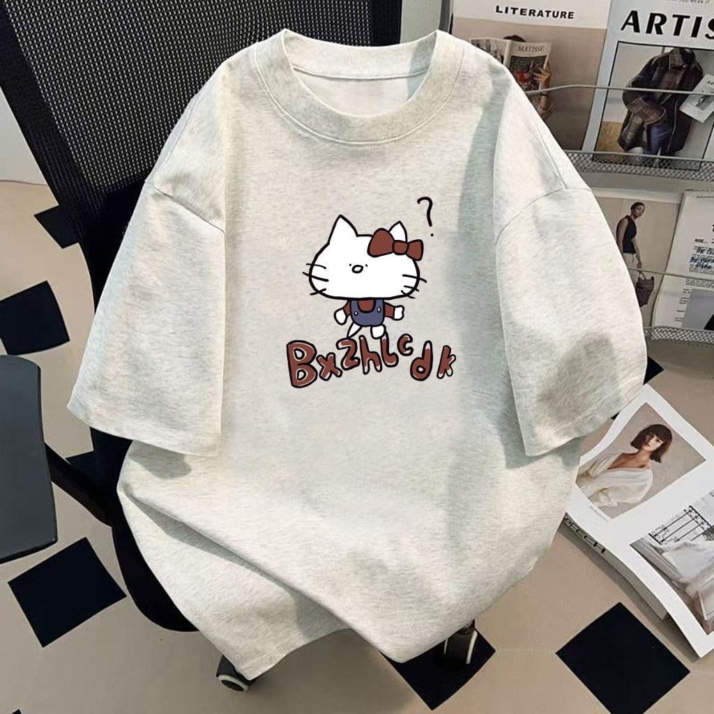 Girls Cartoon Cute Hello Kitty Printed Cotton Short-Sleeved Shirts Student Summer Casual Middle and Big Children's Tops Trend