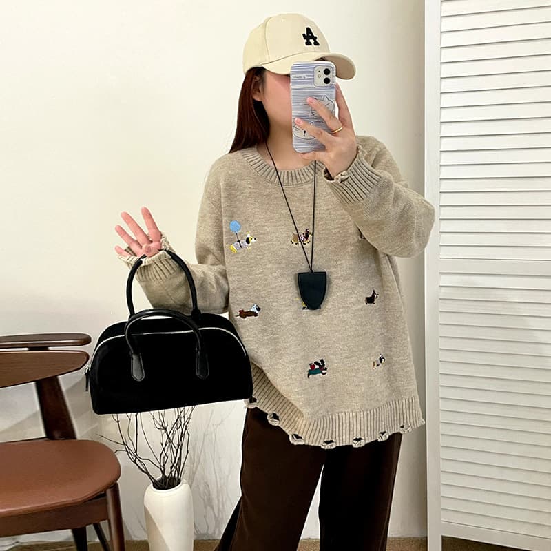 Plus Size Embroidered Dog Sweater Women Loose Casual Knit Top 2025 Winter Fat mm Casual Top 23258