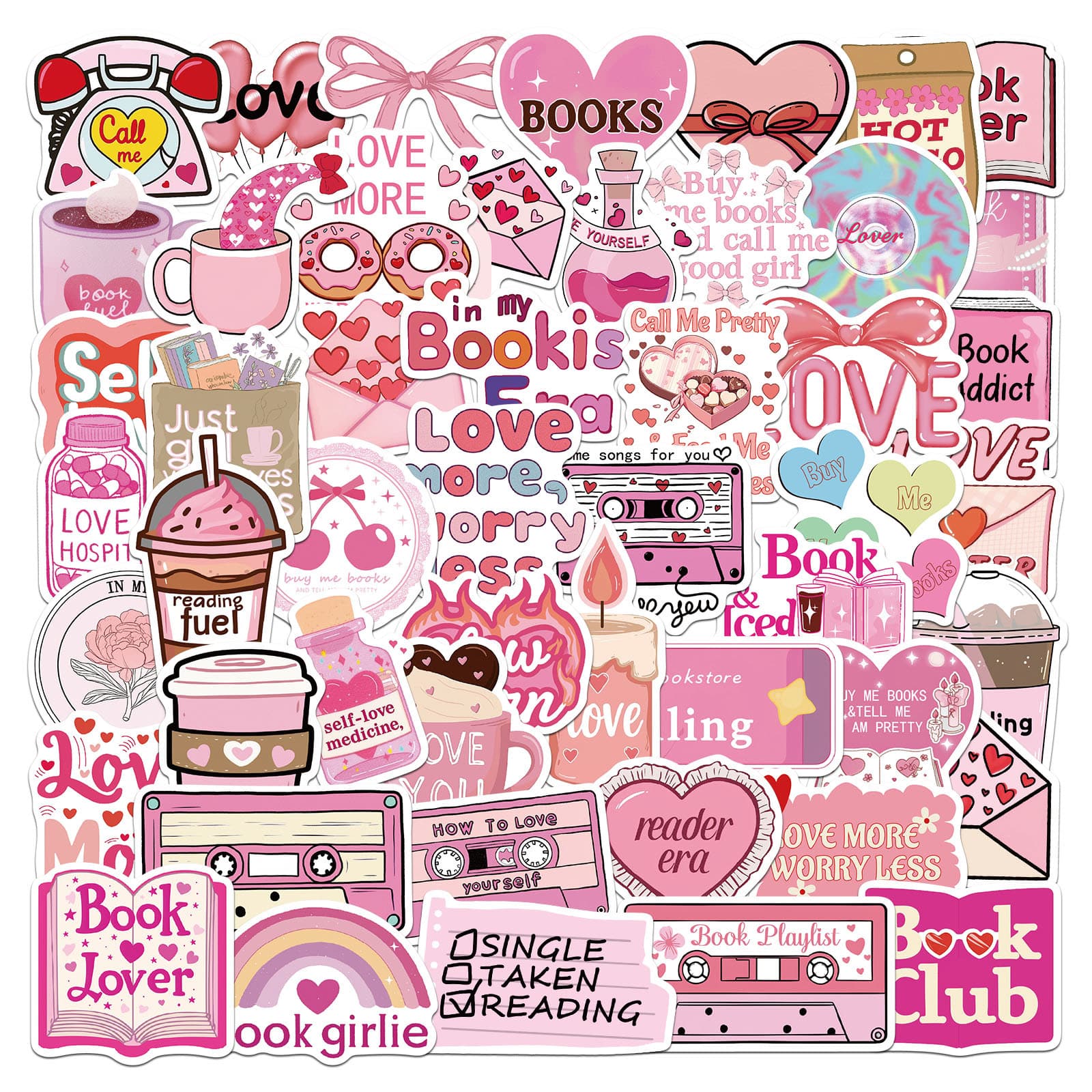 50pcs Cross-border Book Lover Reading Enthusiast Pink Stickers for Luggage Phone Case Tablet Cartoon Decals