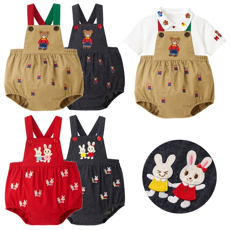 Spot Japanese children's clothing new children's cartoon bear and rabbit full embroidered frog pants baby bag fart pants overalls for shipping