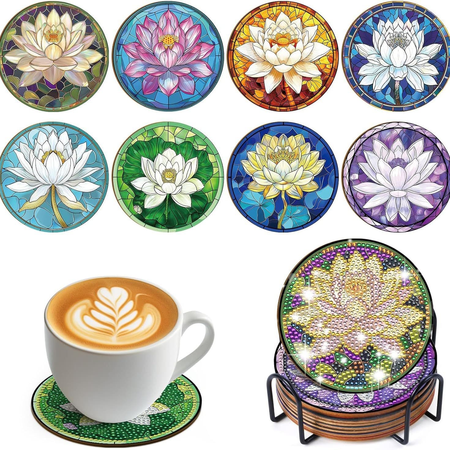 8-Piece Diamond Painting Coaster Set, Flower Lotus Design, Crystal Diamond Painting Coasters for Adults