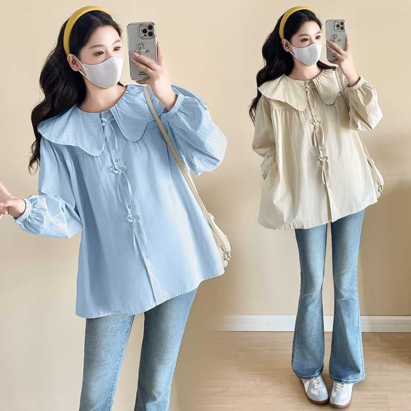 Real Shot New Maternity Loose Slimming Peter Pan Collar Elegant Trendy Mom Fashion Versatile Top