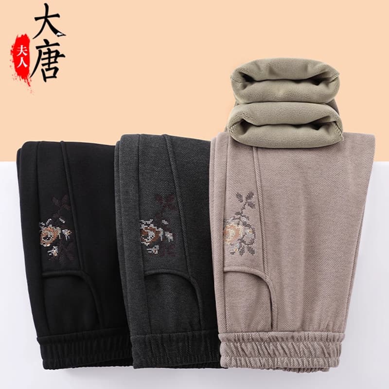 Thick Mom Fleece-Lined Pants, Winter Women's Trousers, Middle-Age Spring/Autumn Straight-Leg Pants, Elderly Grandma Autumn/Winter Sport Pants