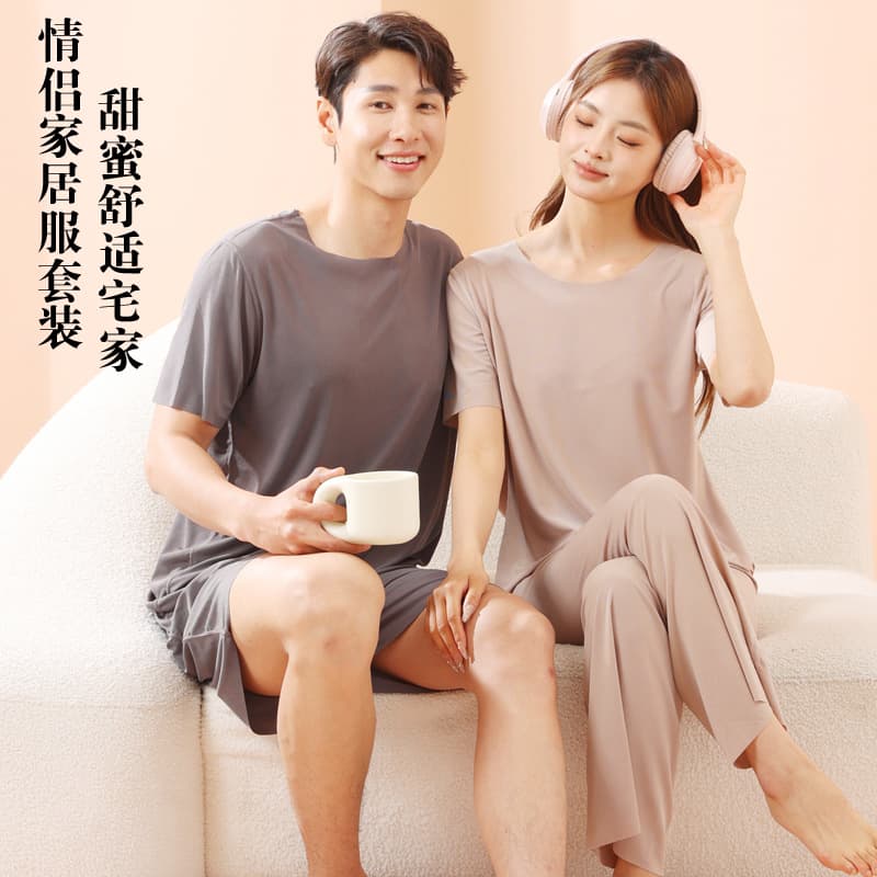 Ice Silk Loose Couples Sleepwear Two-Piece Set Casual Home Clothes Summer Nightgown Women Summer Breathable Antibacterial Comfortable