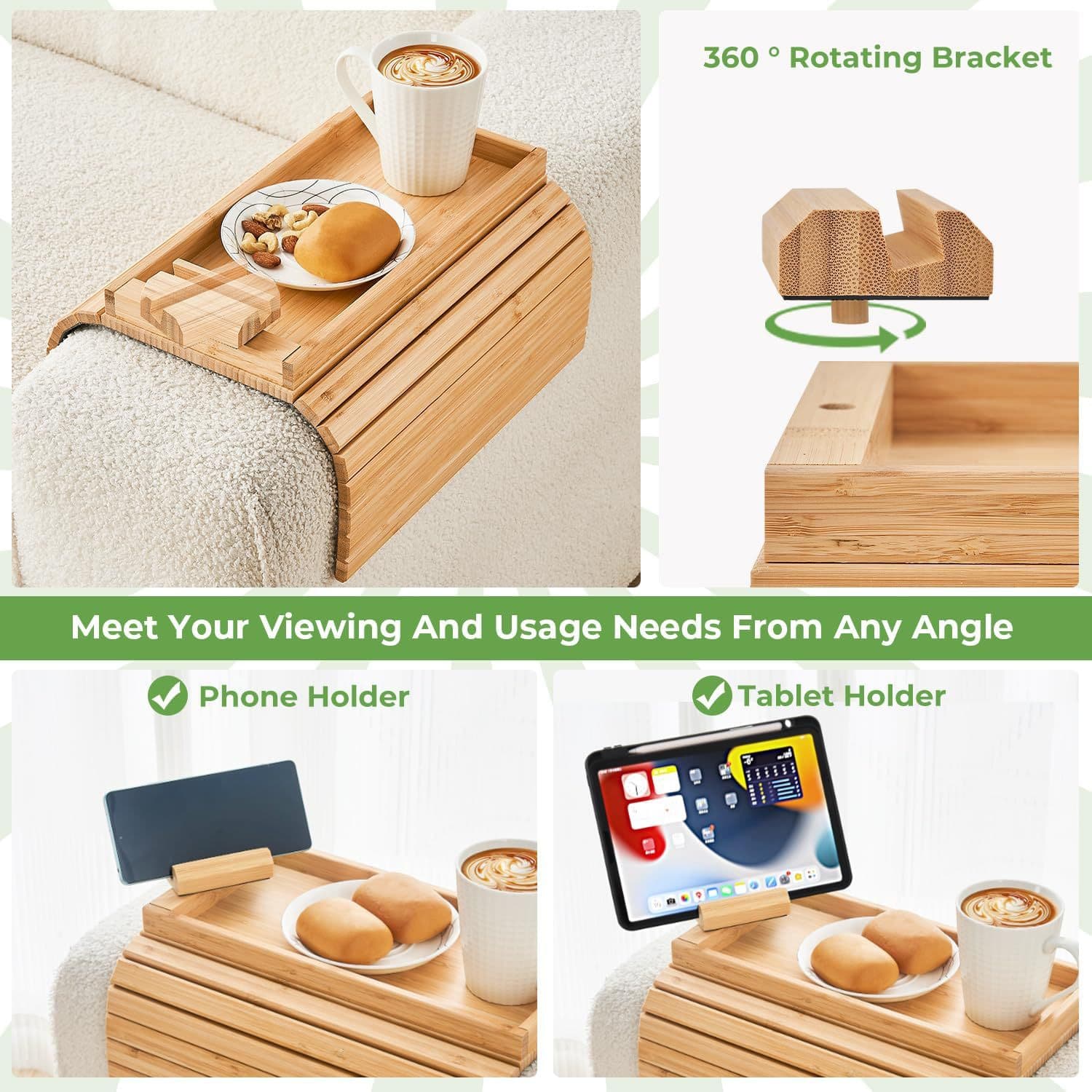 Bamboo Sofa Armrest Tray Foldable Anti-Drop with Storage Sofa Armrest Coffee Table Side Armrest Tray