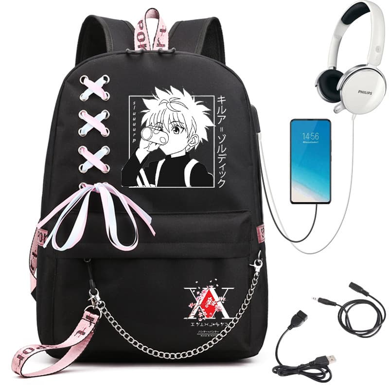 Hunter x Hunter HXH Campus Backpack with Chain Weave Strap and USB Port for Middle and High School Students Outdoor 0514