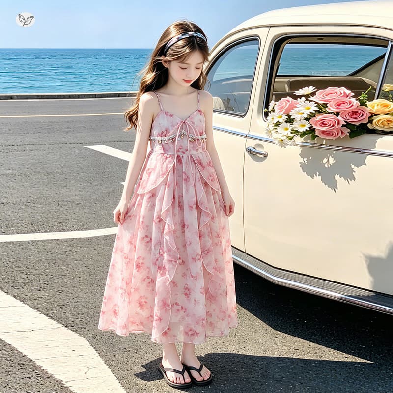 Girls Floral Chiffon Camisole Dress 2026 Summer New Style, Older Kids Bohemian Lace Trim Long Dress, Beach and Seaside Dress