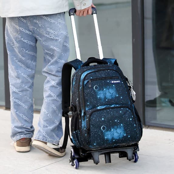 Natural Fish Middle School Student Three-Piece Set Trolley Backpack Stair-Climbing Large Capacity Student Backpack Multi-Layer Weight-Reducing Backpack