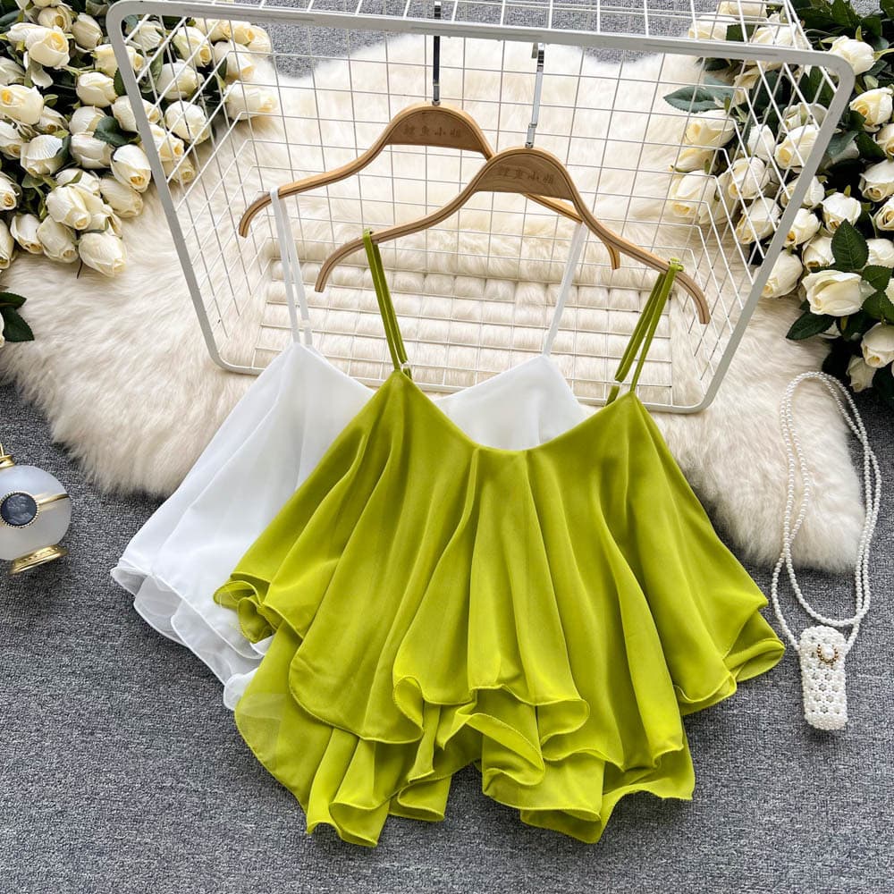 Versatile Loose-fit Chiffon Tank Top 2022 Summer Off-the-shoulder Ruffle Edge Women's Blouse Dual-layer No-sleeves Vest