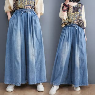 New Style Washed Denim Wide Leg Pants Vintage Loose Fit Elastic Waist Drawstring Skirt Pants Fashion