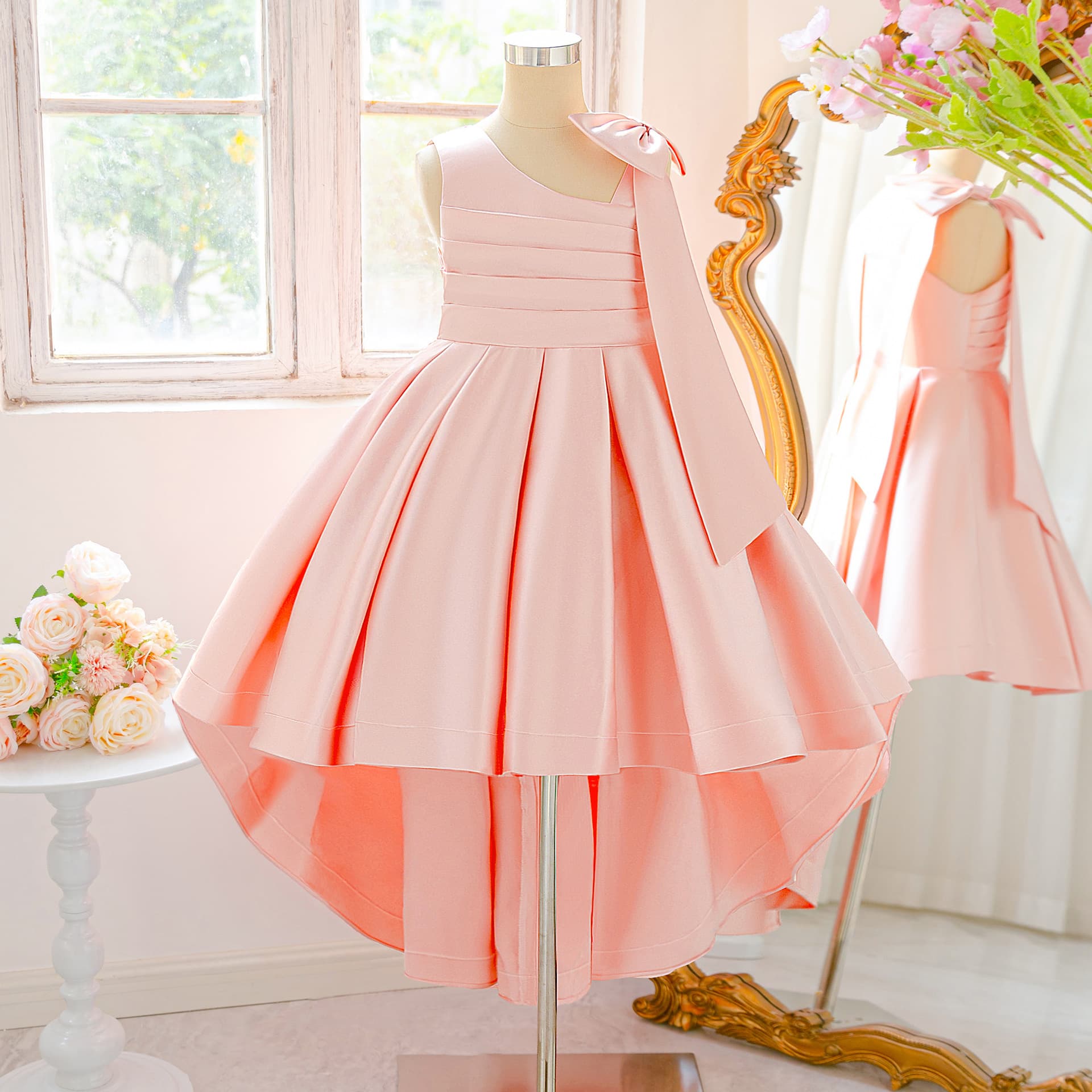 New Cross-Border Children's Formal Dress Sleeveless Satin Tutu Skirt with Bow Train Princess Dress for Festivals