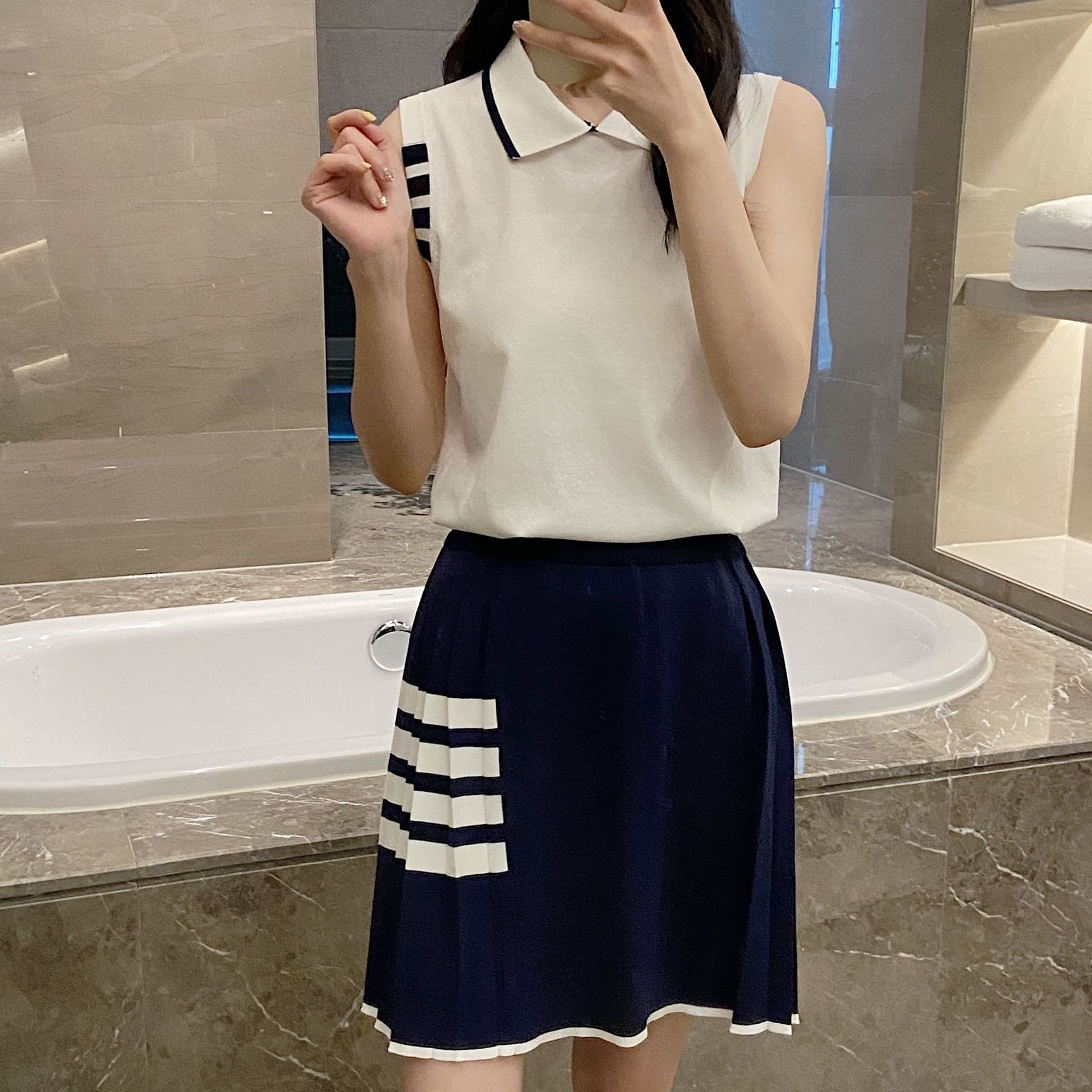 Tb Xia Bingma Thin Sleeveless Slim Knitted Vest Casual Women's Cuffs Four-Bar Lapel Polo Shirt T-Shirt Trendy