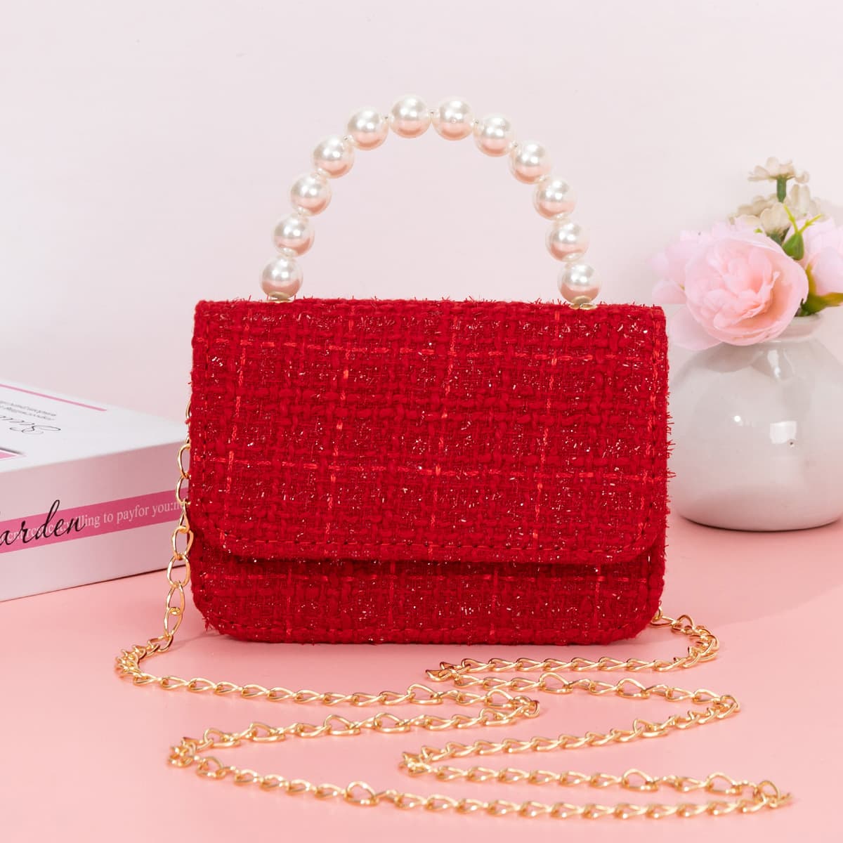 Cross-border children's bag mesh solid color cute girls crossbody bag pearl handbag factory direct sale