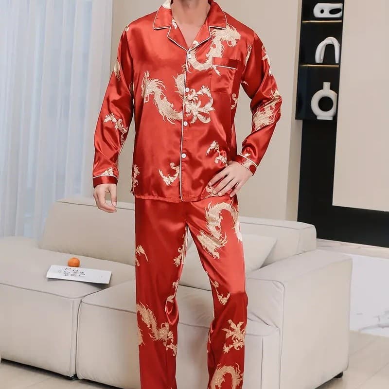 Cross-border TEMU Chinese Dragon 3D Print Loose Thin Long Sleeve Pajama Set Plus Size Men's Homewear POD