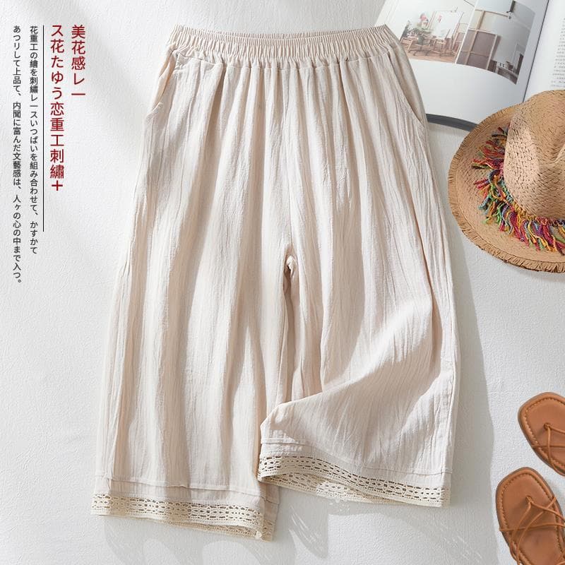 Summer New Lace-Trimmed Cotton-Linen Wide-Leg Cropped Pants for Women, Vintage High-Waisted Slimming Casual Straight-Leg Pants