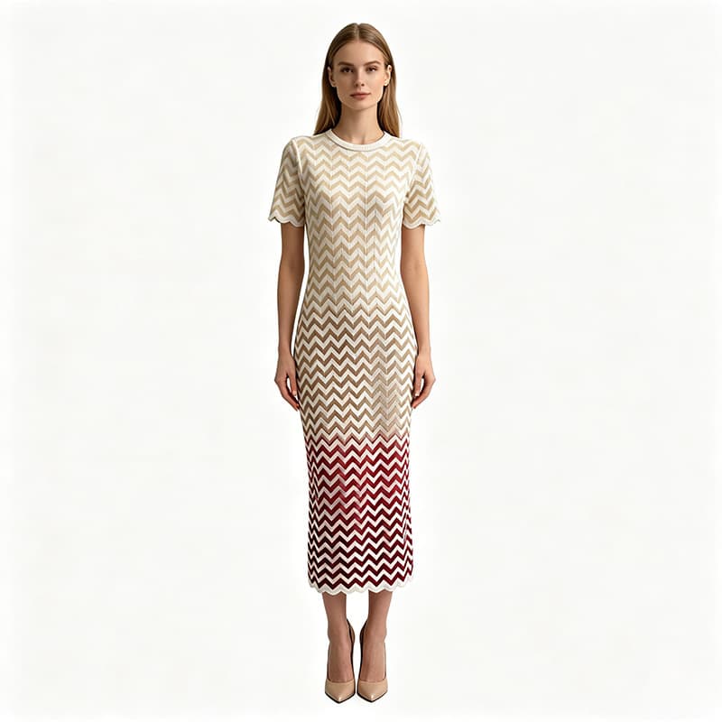 French retro three-color gradient wavy knitted dress with high-end waist, slim fit, hip-hugging and long temperament