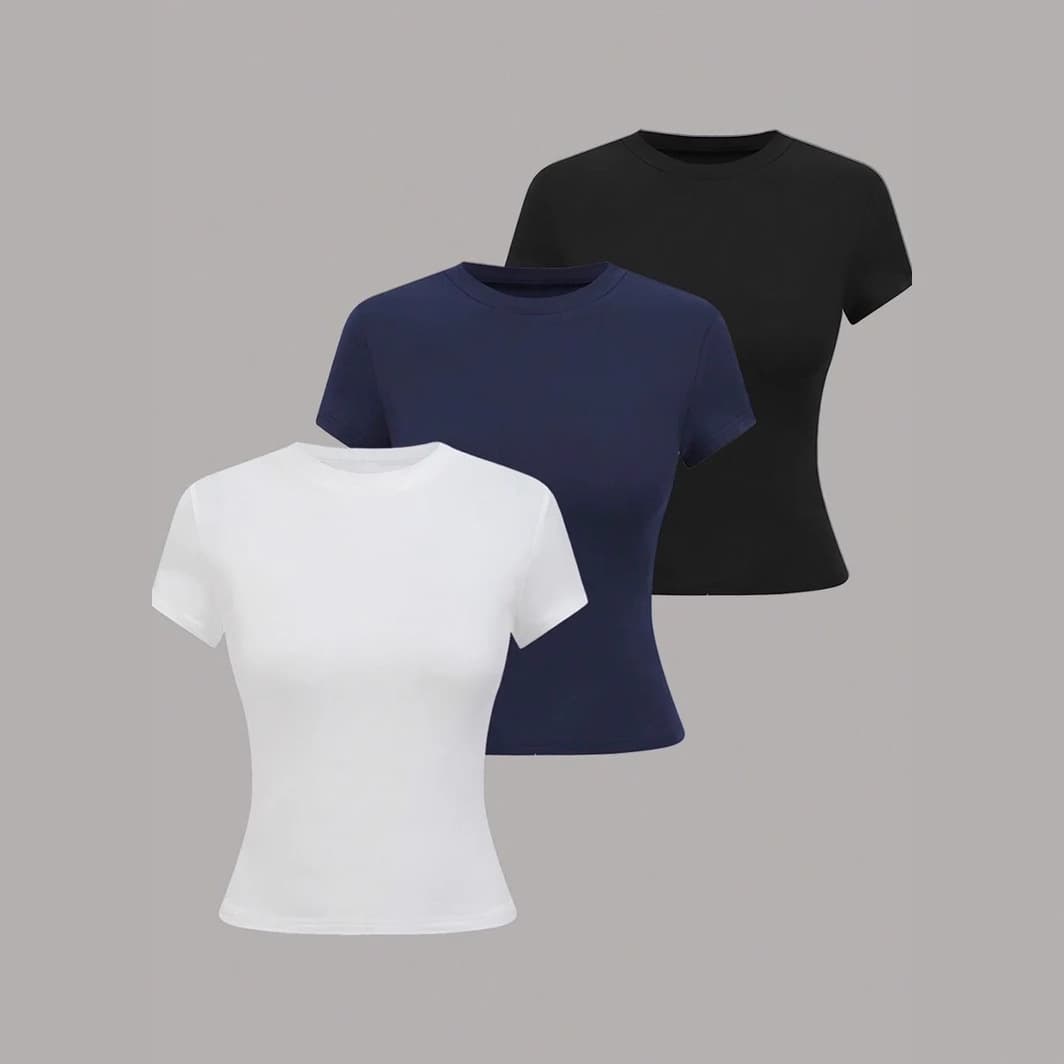 3-Piece Set Summer Amazon Temu Best-Seller Women's Round Neck Short Sleeve Cropped Slim Fit T-Shirt Cross-Border Foreign Trade Women's Clothing