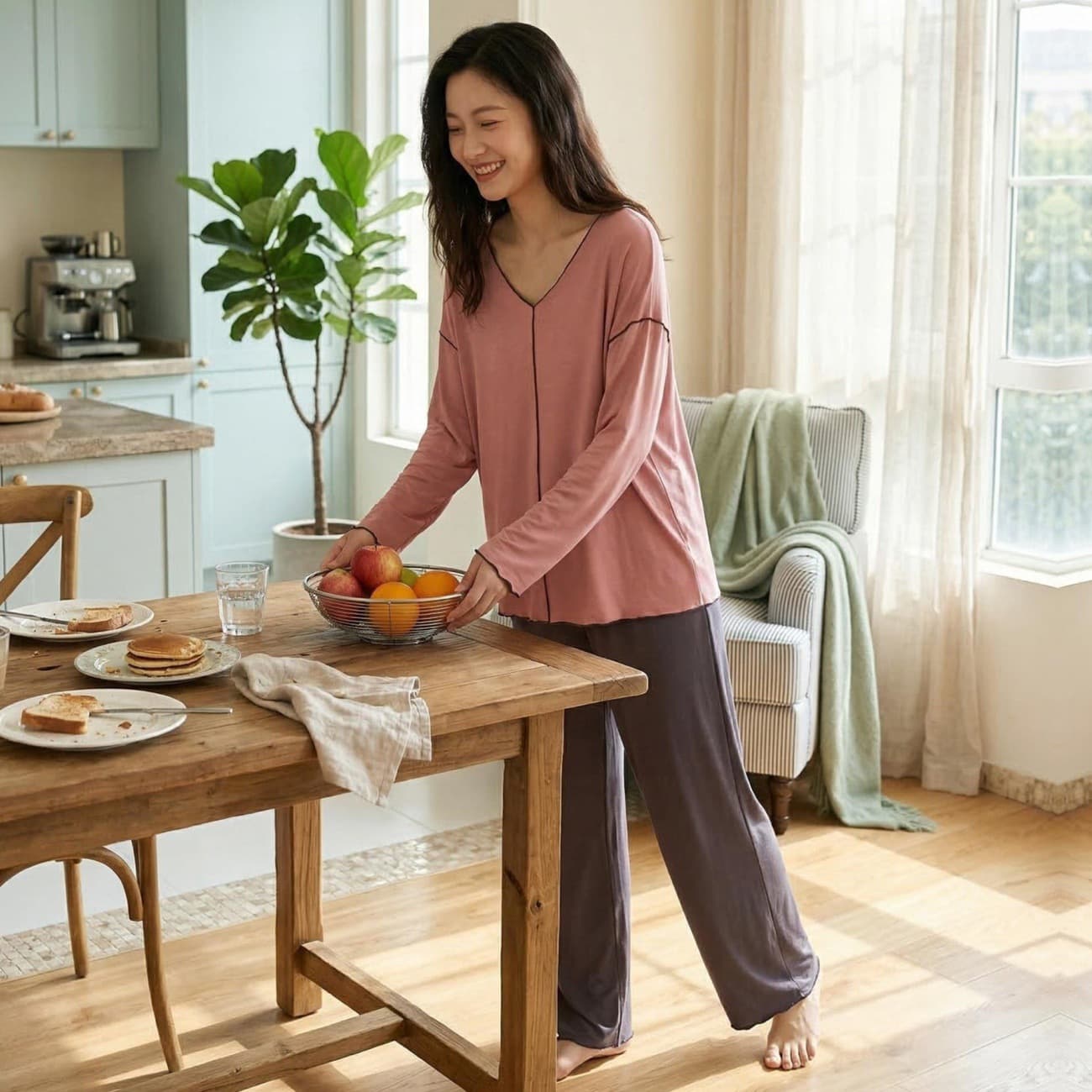 Modal Contrast Color Lounge Suit Women's Summer Thin Loose Long-Sleeved Long Pants Large Size Pajamas and Pajama Pants Two-piece Set