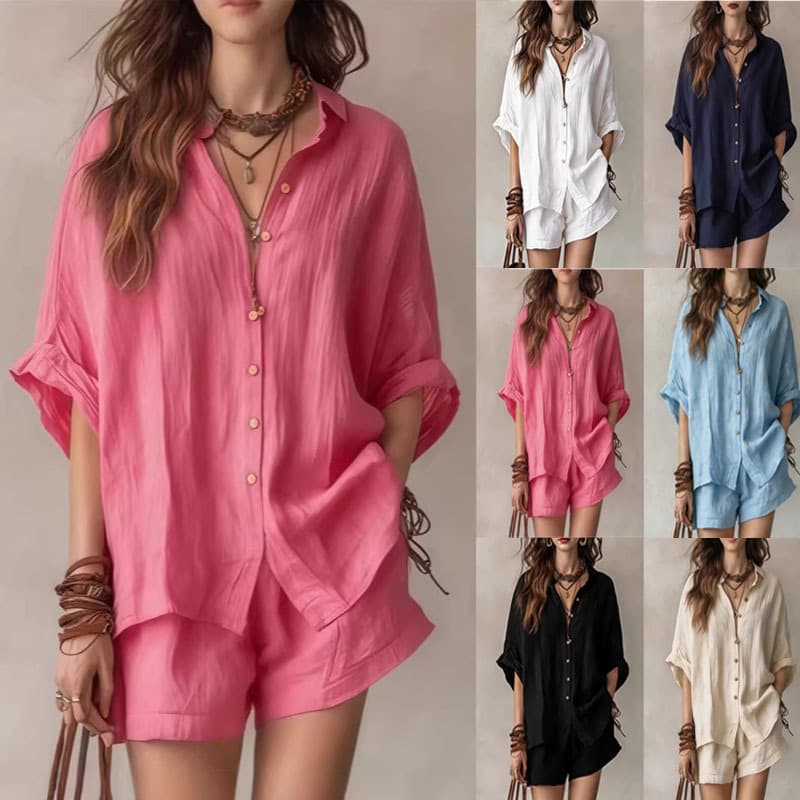 2026 European and American Cross-border Summer Casual Set for Women, Loose Relaxed Notch Collar Short Sleeve Shirt and Shorts Two-Piece Set