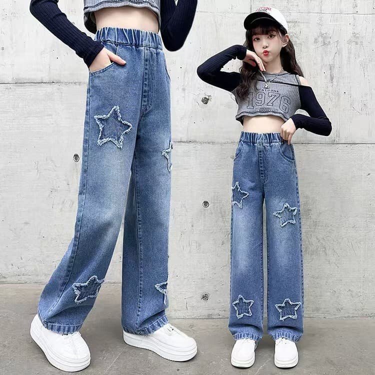 2024 New Girls' Jeans Spring/Autumn Style Children's Pants Big Girls Autumn Thin Wide-Leg Pants Fall Outfit