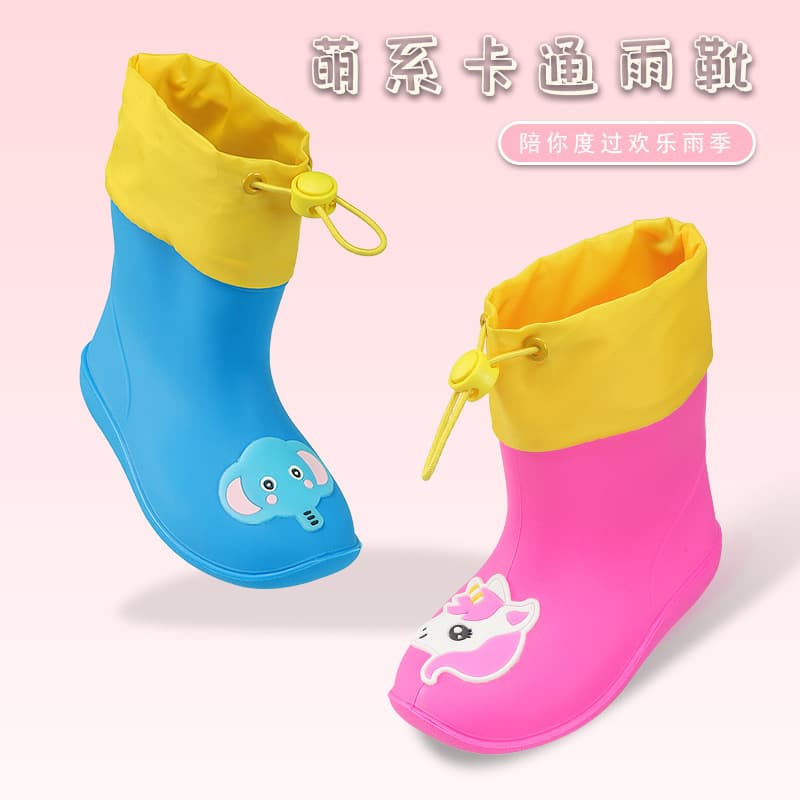 Children's Drawstring Waterproof Rain Boots, Cute Cartoon PVC Anti-slip Comfortable Mid Boots with Fleece Lining