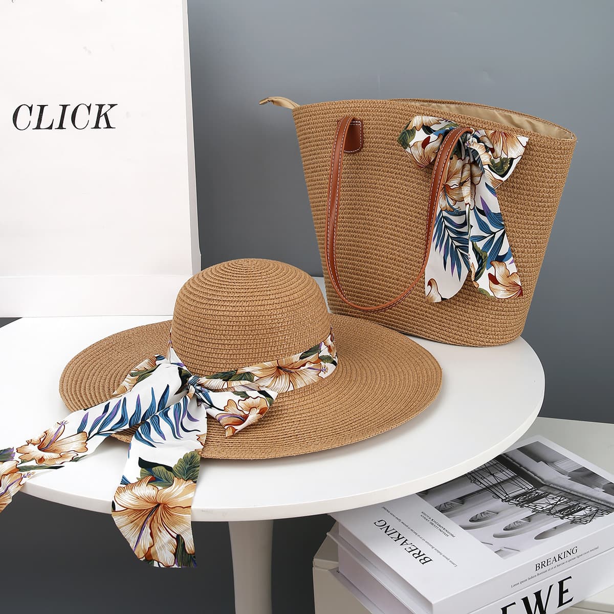 Cross-Border Straw Woven Hat and Bag Set, Beach Vacation Fashion Versatile Sun Protection Tote Bag with Large Capacity