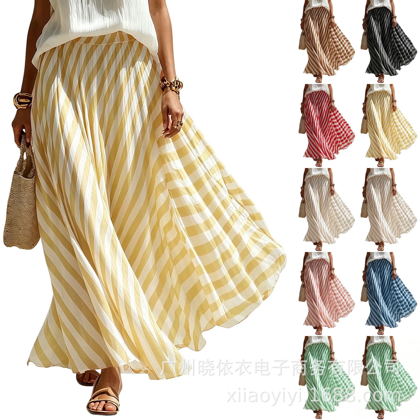 Amazon cross-border European and American foreign trade popular striped skirt with large hem for women summer elastic waist beach skirt long skirt