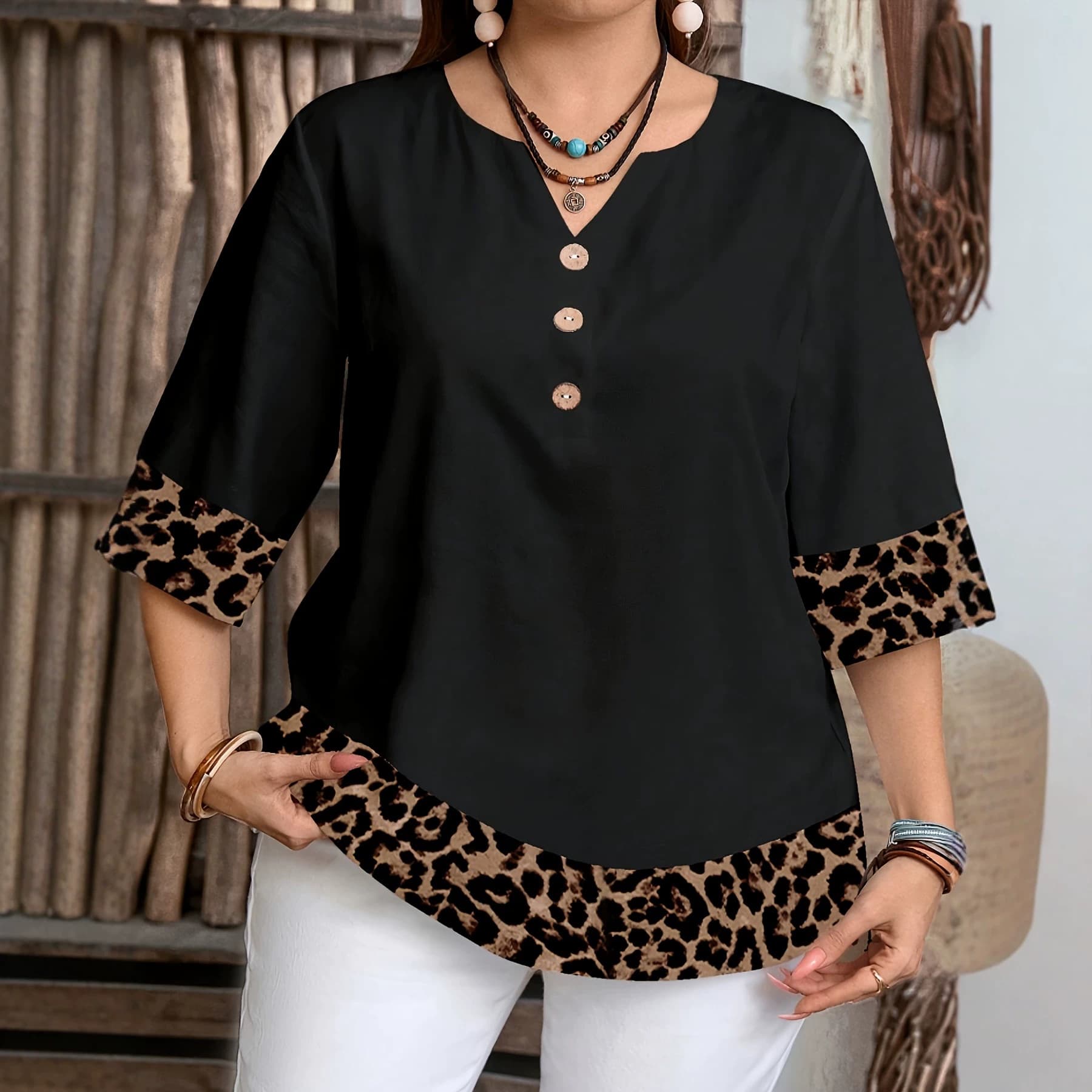 2026 Cross-border AliExpress Plus Size Women's Top Black Leopard Print Patchwork Three-Quarter Sleeve V-Neck Loose Fit