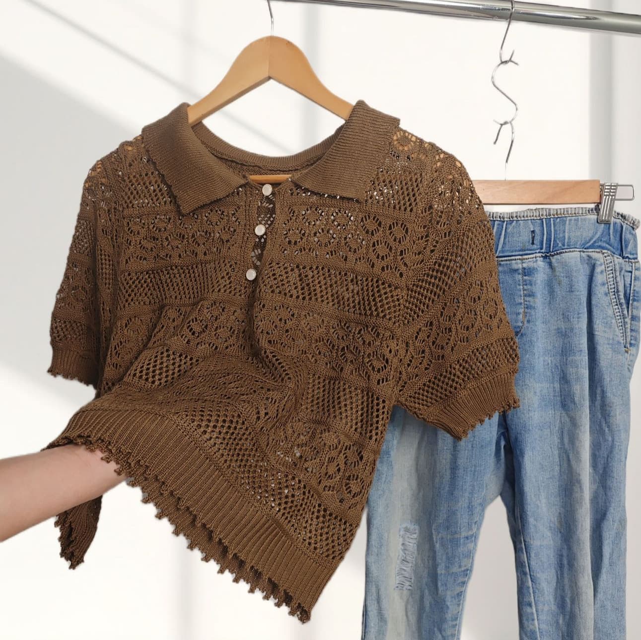 French Sweet Hollow Polo Neck T-Shirt Women 25 New Design Thin Knit Lace Loose Short Sleeve Top