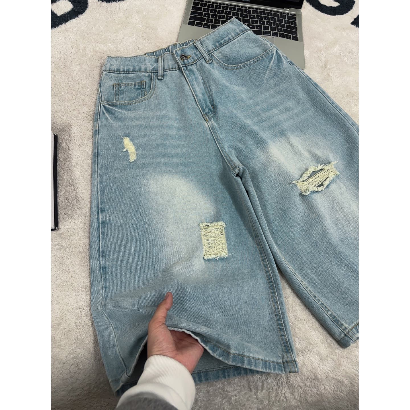 American ripped denim shorts for boys, summer texture, loose pants, niche design, casual cropped pants, straight legs
