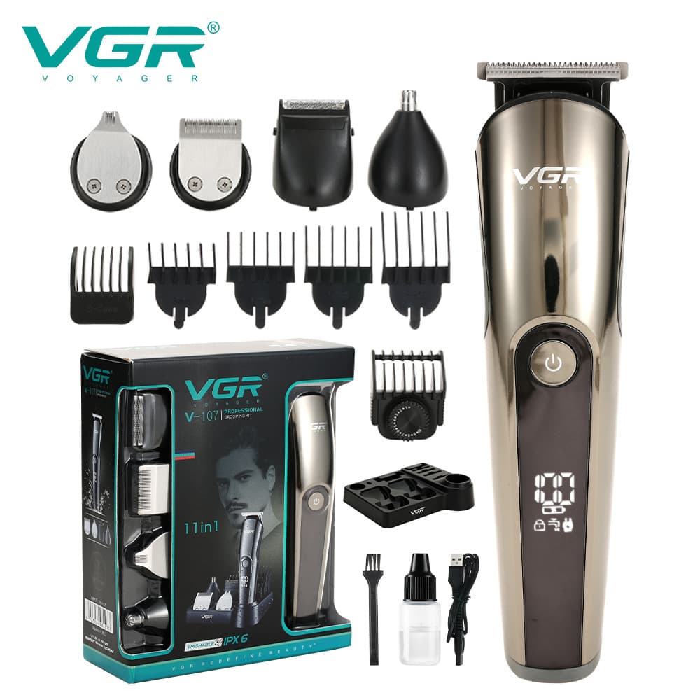 VGR107 multifunctional hair clipper set IPX6 washable body five-in-one digital display shaver sideburn trimmer