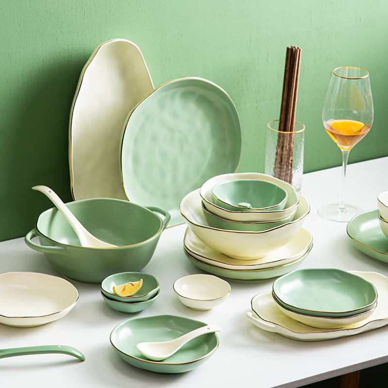 Luxury Gold Rim Dinnerware Set, Nordic Style Matte Ceramic Rice Bowls, Soup Bowls, and Plates, Home Use Combination