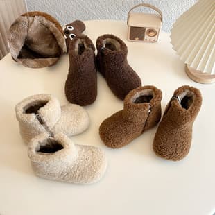 Korean Style Girls Fur Boots 2026 Winter Warm Children's Snow Boots Cute Fleece Lined Short Boots Baby Cotton Boots