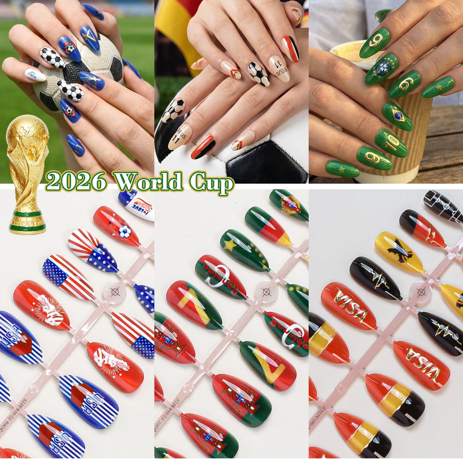 2026 USA-Mexico-Canada World Cup Football Nail Art Almond Press-On Nails Bare Strip Pack Fan Nails Fake Nail Tips