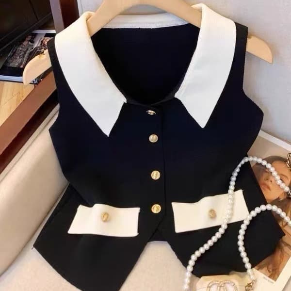 Xiaoxiangfeng Contrast Color V-Neck Knitted Vest for Women 2025 Summer New Style Celebrity Temperament High-End Vest