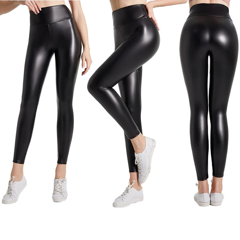 European and American Plus Size PU Leather Pants for Women, High Elasticity Solid Bright Black High-Waist Base Layer Pants, Sexy Butt-Lifting Tight Leather Pants