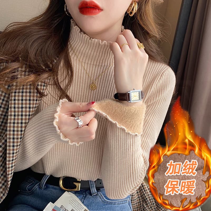 Soft Knit Sweater for Women Autumn Winter Half Turtleneck Thermal Base Layer Fleece-Lined Thickened Integrated Fleece Top