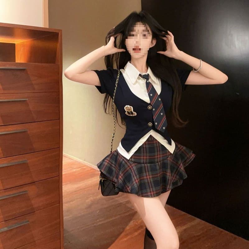 JK Style Set for Women Summer New Short Sleeve Shirt Top Slimming High Waist Plaid Skirt Pants Two-Piece Set