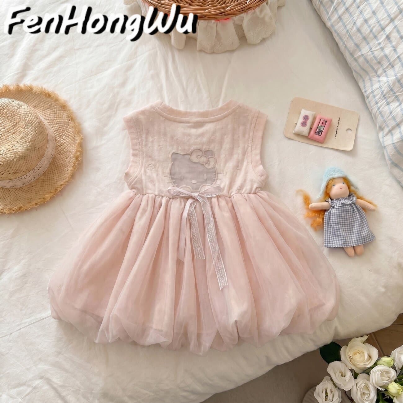 Pink House 2026 Girls Sweet Cartoon Cat Sleeveless Dress Summer Pink Puffy Princess Dress Bow