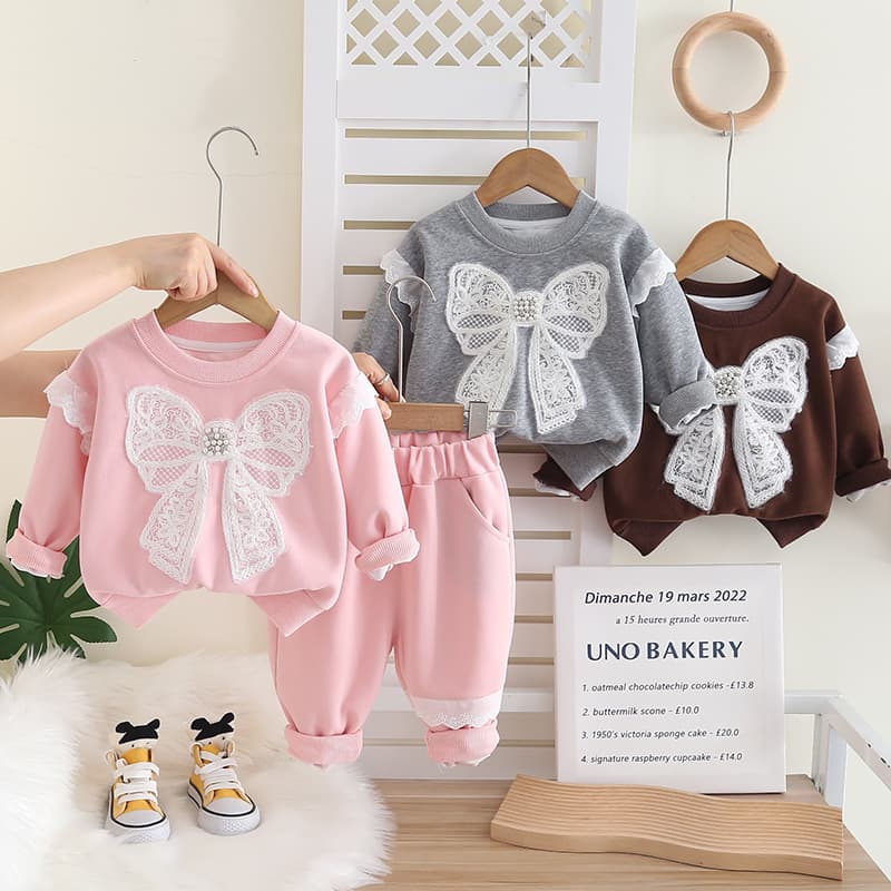 Girls' Set Autumn Korean Style Casual Pink Bow Kids' Hoodie Two-Piece Set Baby Girls' Clothing Wholesale