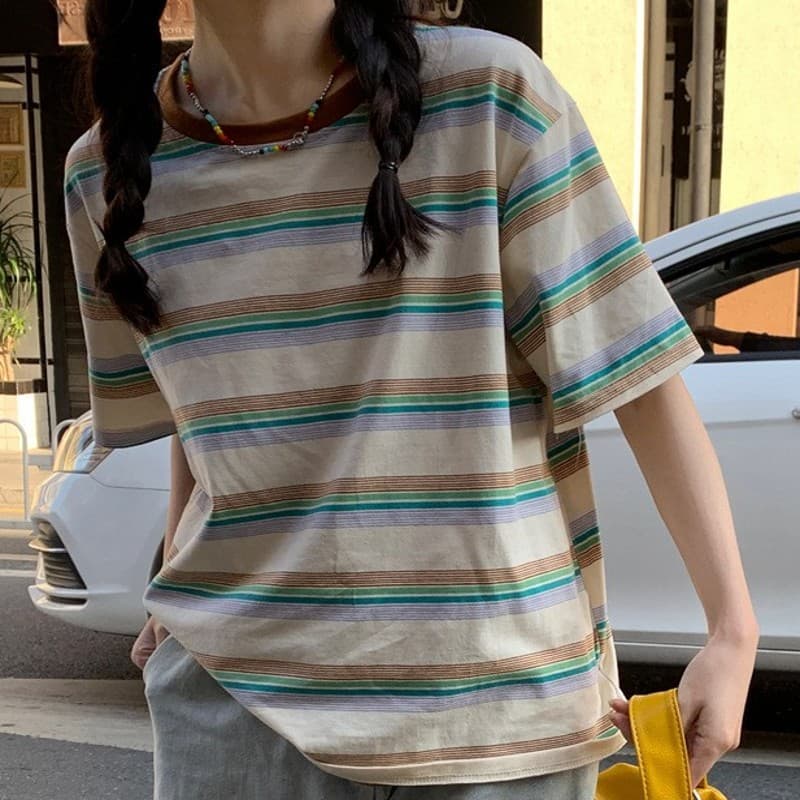Vintage Striped Round Neck Short Sleeve T-Shirt New 2025 Women's Summer Korean Loose Slimming Student Top Trendy