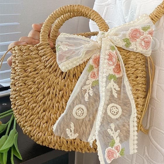 Forest Pastoral Style Handbag Women New Bow Crossbody Bag Vacation Beach Single Shoulder Straw Woven Gift