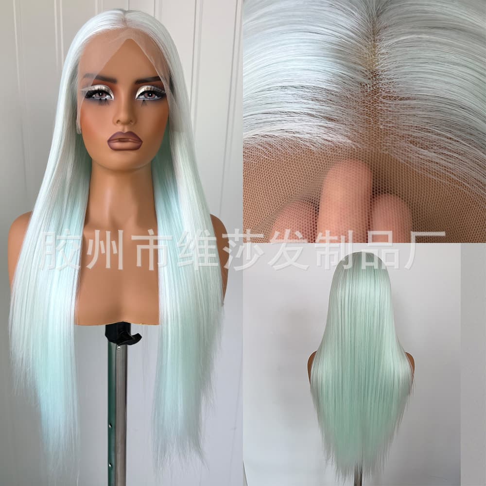 Light Green Long Straight Natural Smooth Hand-Tied Front Lace Synthetic Wig Full Cap for Women