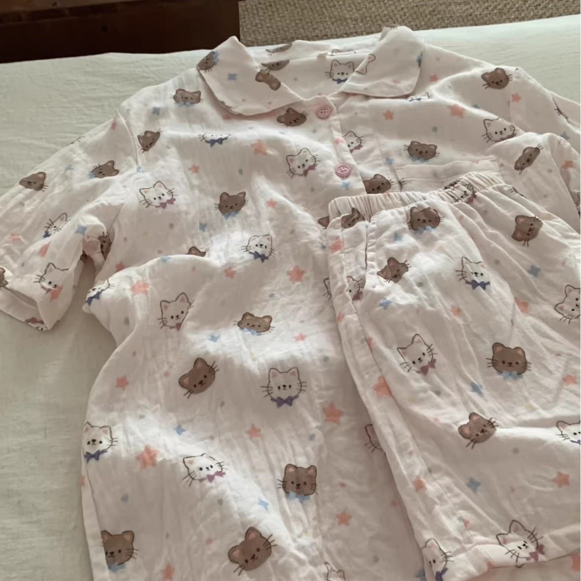 Short-Sleeved Shorts~100% Cotton Class A Double-Layer Gauze Small Lapel Girls' Pajama Set Summer Loungewear