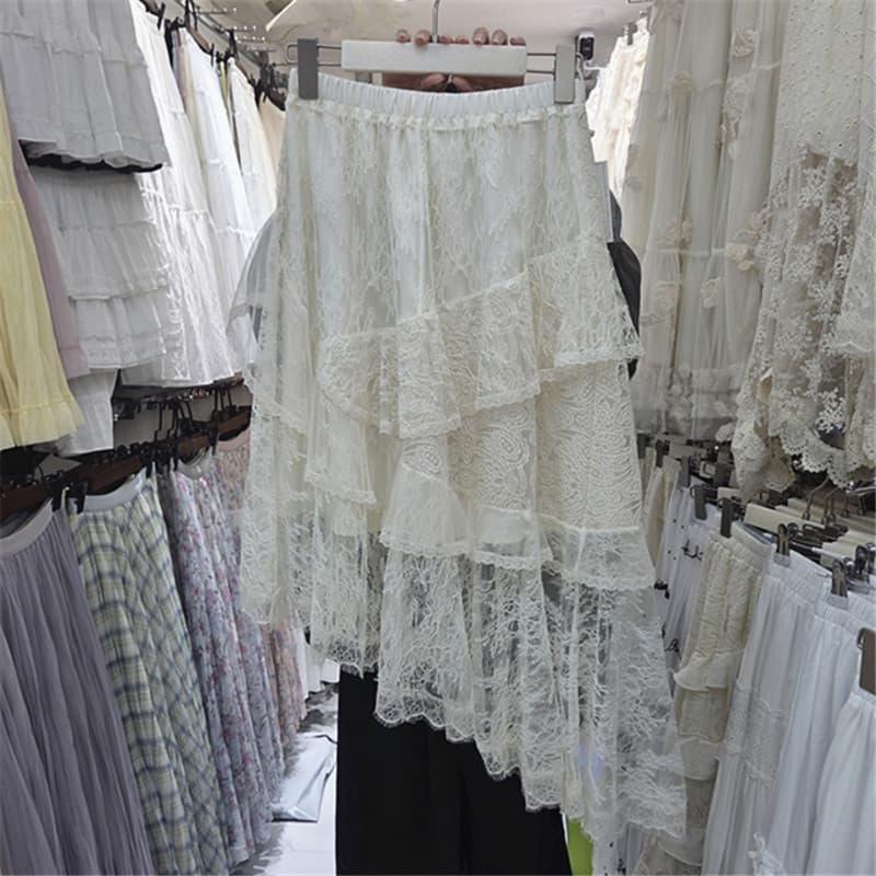 Real Shot Korean Early Spring New Korean Style Patchwork Lace Irregular Design Heavy Craft Versatile Slimming Half Skirt for Women